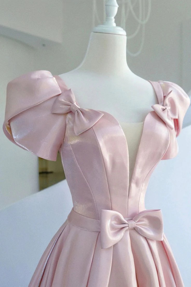 A-Line Sweetheart Short Sleeves Bow Zipper Satin Pink Long Prom Dress