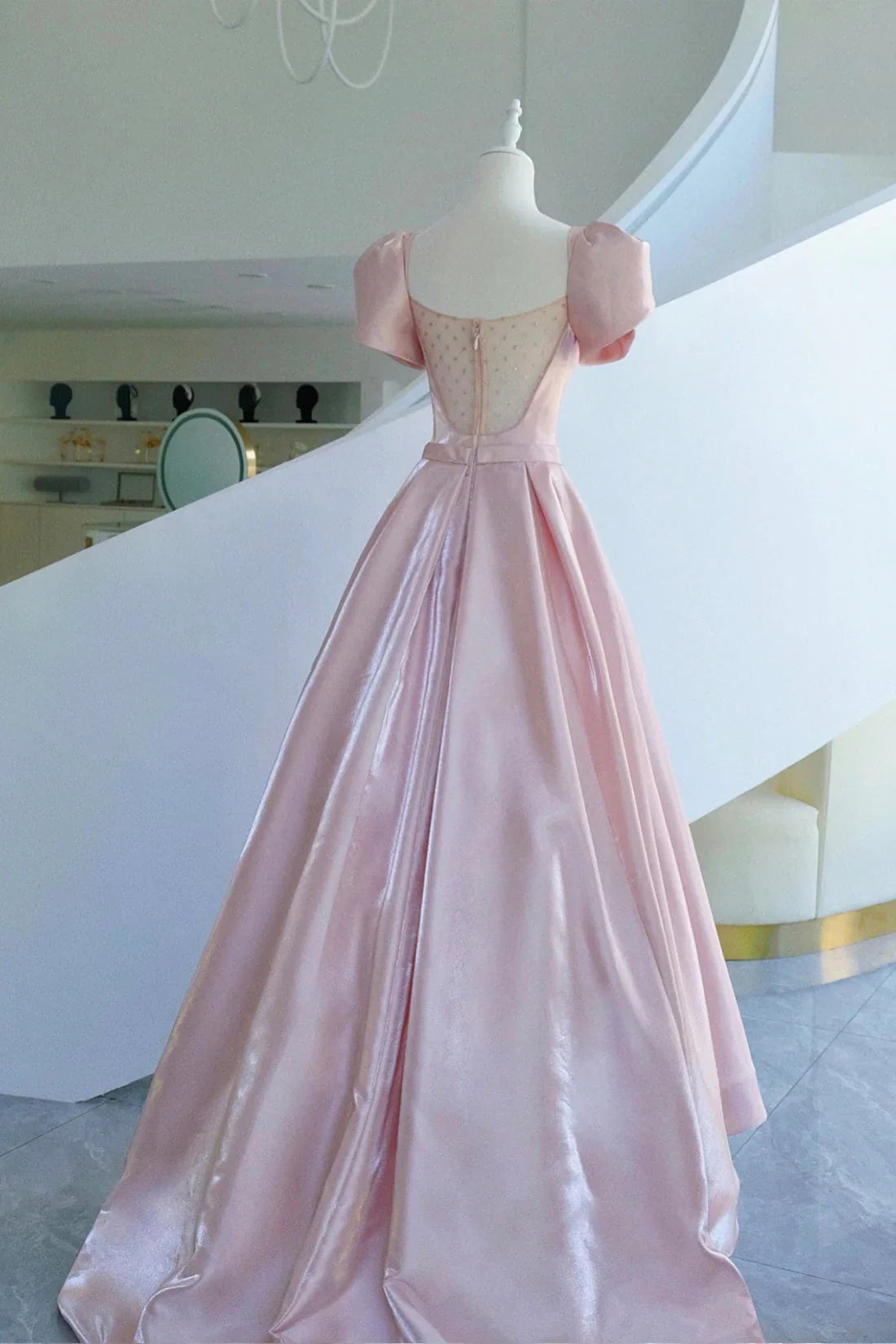 A-Line Sweetheart Short Sleeves Bow Zipper Satin Pink Long Prom Dress