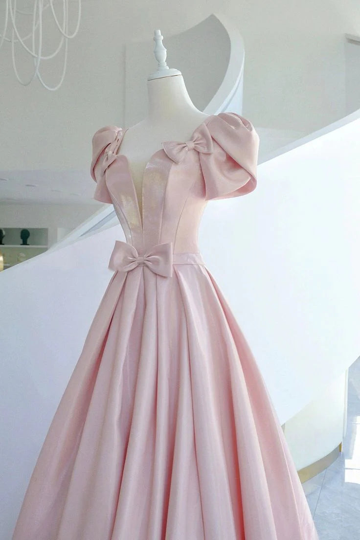A-Line Sweetheart Short Sleeves Bow Zipper Satin Pink Long Prom Dress