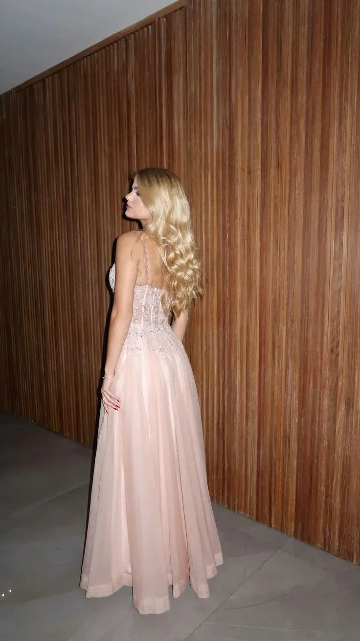 A-Line Sweetheart Spaghetti Strap Corset Beaded Tulle Blush Long Prom Dress