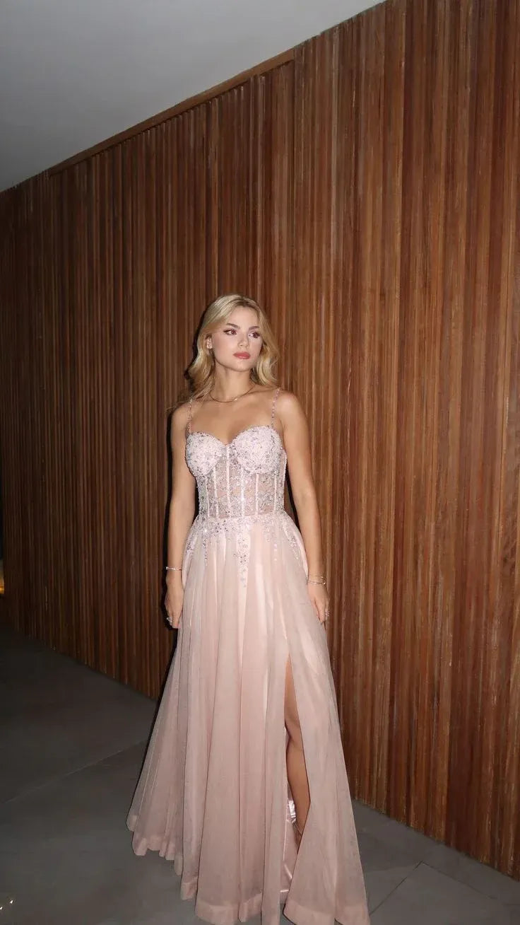 A-Line Sweetheart Spaghetti Strap Corset Beaded Tulle Blush Long Prom Dress