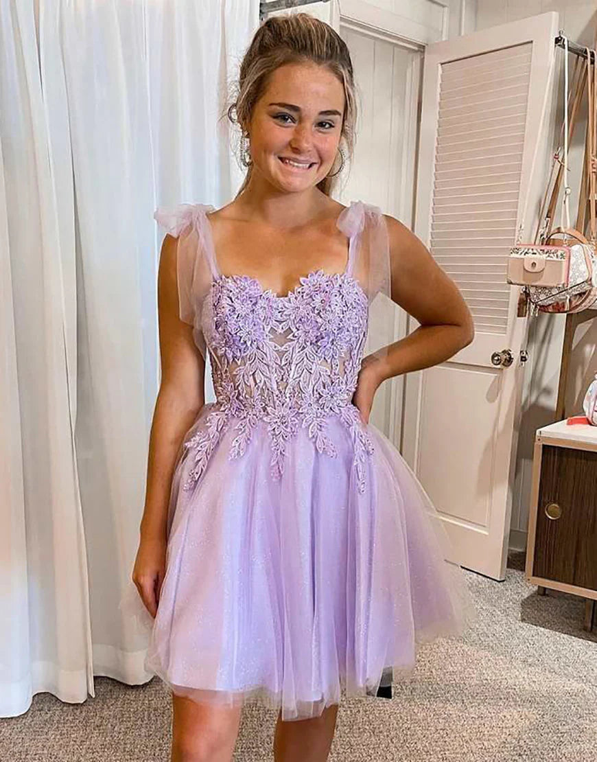 A-Line Tie Straps Appliques Purple Short Homecoming Dress Party Dress