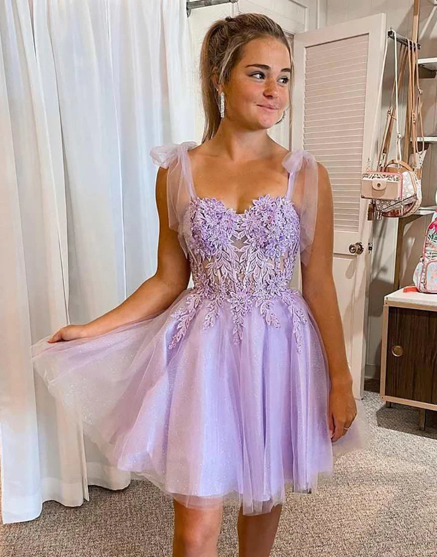 A-Line Tie Straps Appliques Purple Short Homecoming Dress Party Dress
