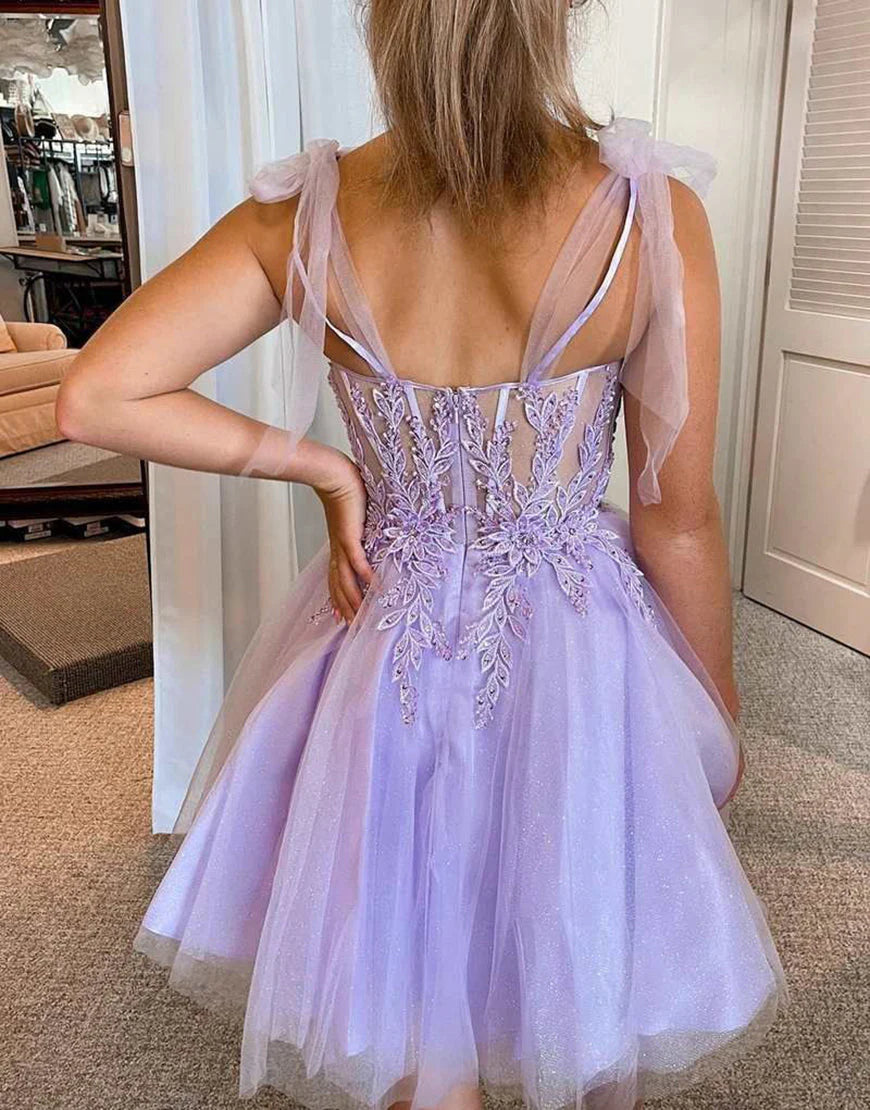 A-Line Tie Straps Appliques Purple Short Homecoming Dress Party Dress