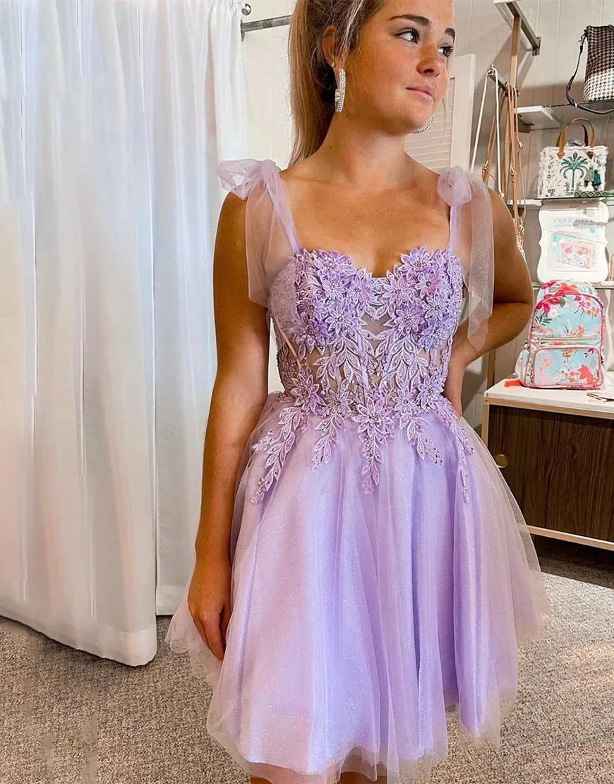 A-Line Tie Straps Appliques Purple Short Homecoming Dress Party Dress