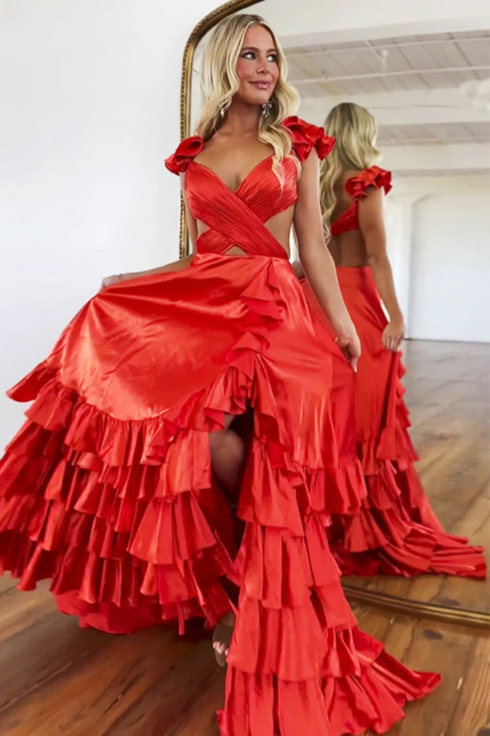 A-Line V-Neck Cutout Waist Tiered Satin Coral Red Prom Dress With Split