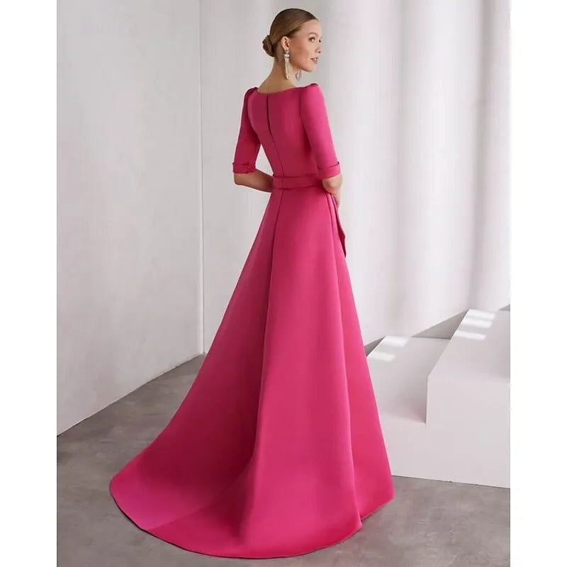 A-Line V-Neck Half Sleeve Ruffle Satin Fuchsia Maxi Prom Dress With Train