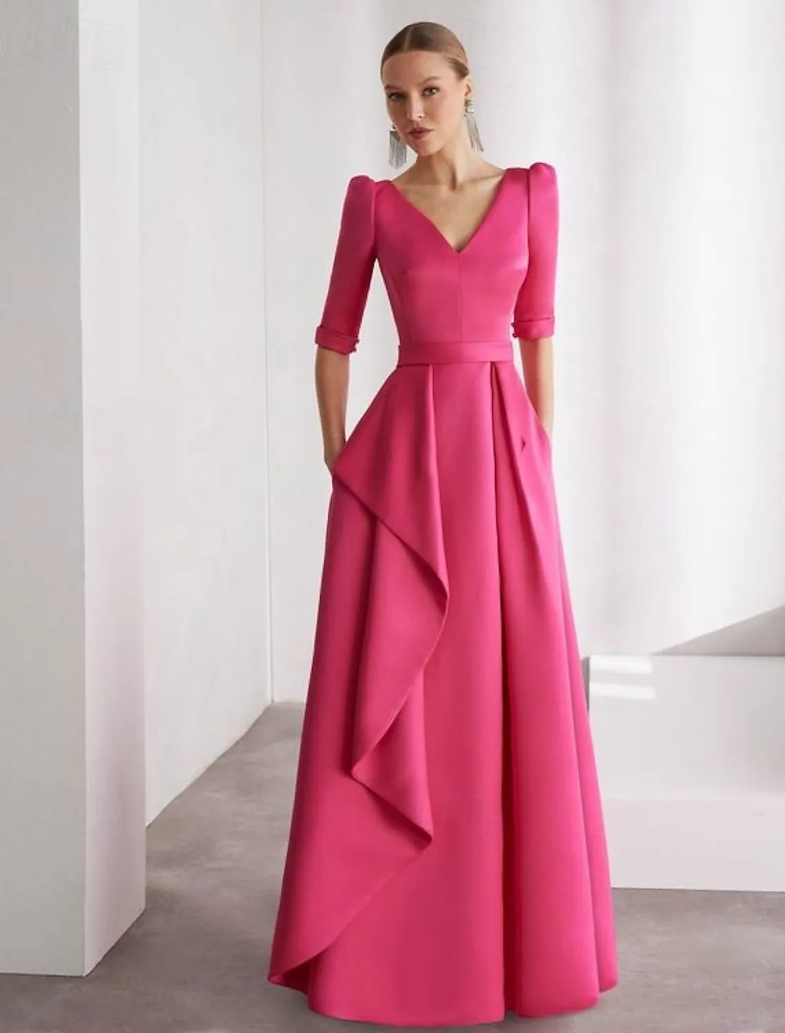 A-Line V-Neck Half Sleeve Ruffle Satin Fuchsia Maxi Prom Dress With Train