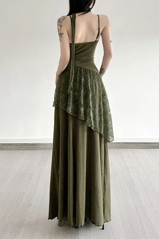 A-Line V-Neck Lace Asymmetrical Lace Olive Floor Length Prom Dress With Scarf