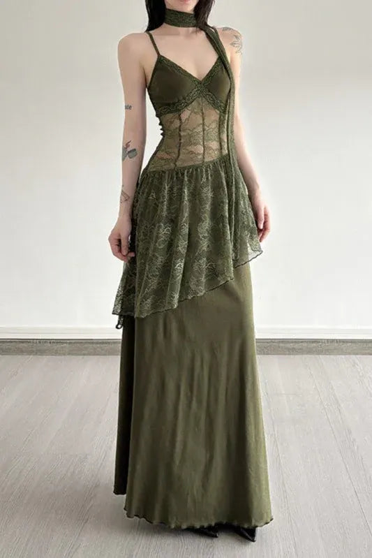 A-Line V-Neck Lace Asymmetrical Lace Olive Floor Length Prom Dress With Scarf