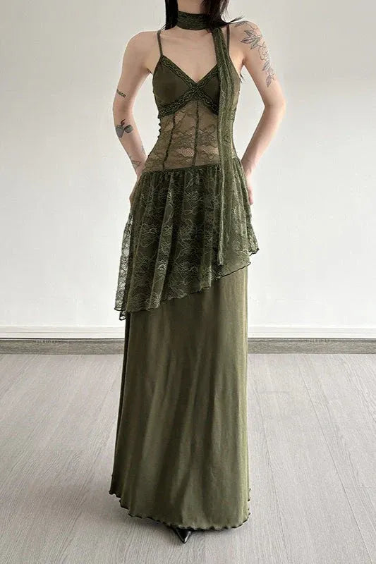 A-Line V-Neck Lace Asymmetrical Lace Olive Floor Length Prom Dress With Scarf