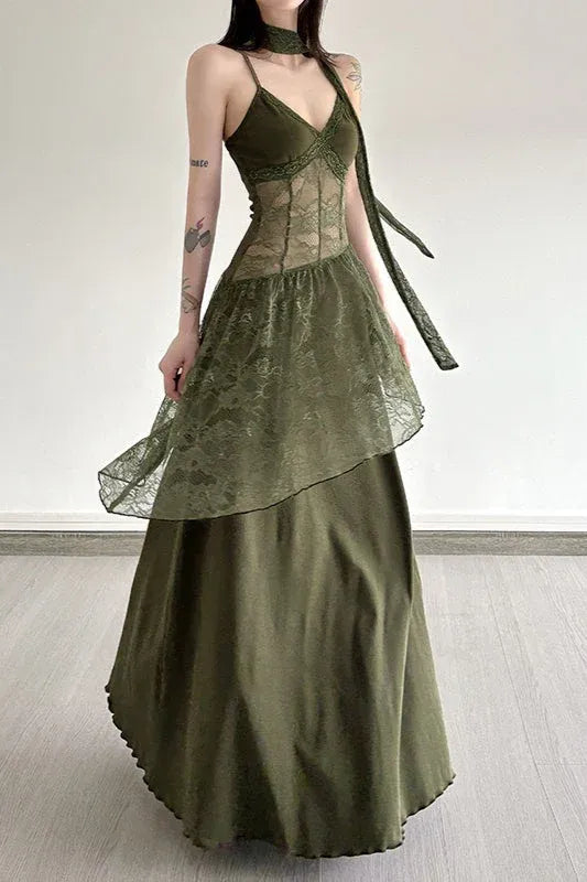 A-Line V-Neck Lace Asymmetrical Lace Olive Floor Length Prom Dress With Scarf