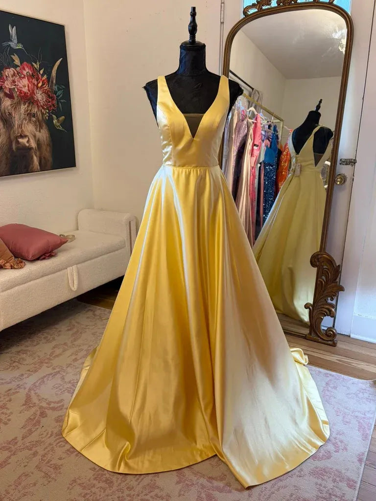 A-Line V-Neck Satin Yellow Long Prom Dress Ready To Ship
