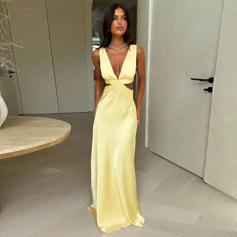 A-Line V-Neck Sleeveless Cut-Out Yellow Floor Length Prom Dress With Tie