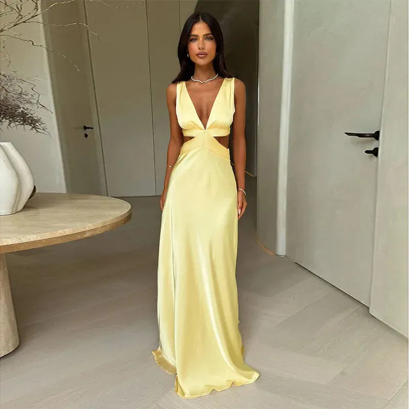 A-Line V-Neck Sleeveless Cut-Out Yellow Floor Length Prom Dress With Tie