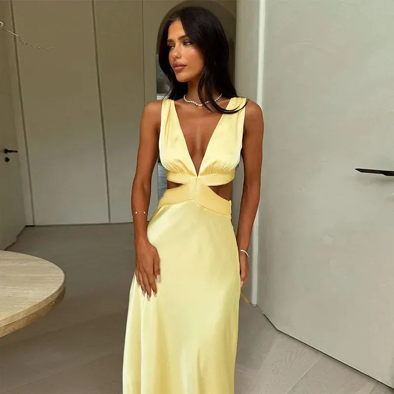 A-Line V-Neck Sleeveless Cut-Out Yellow Floor Length Prom Dress With Tie