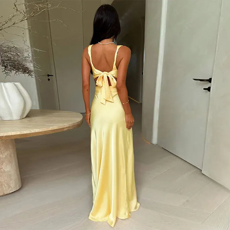A-Line V-Neck Sleeveless Cut-Out Yellow Floor Length Prom Dress With Tie