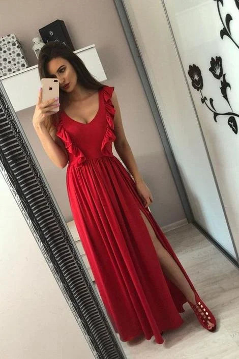 A-Line V-Neck Sleeveless Ruffles Red Full Length Prom Dress With Split
