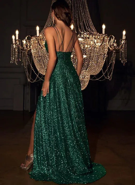 A-Line V-Neck Spaghetti Strap Glitter Sequined Emerald Green Floor-Length Prom Dress