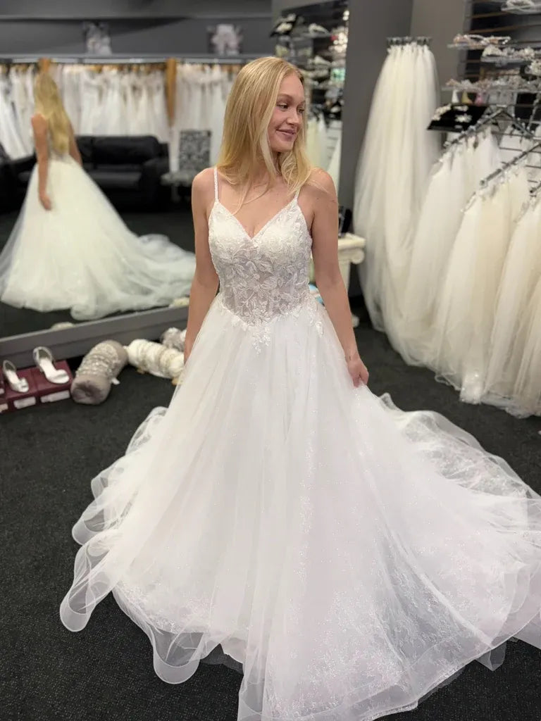 A-Line V-Neck Spaghetti Strap Lace Applique Prom Dress White Wedding Dresses