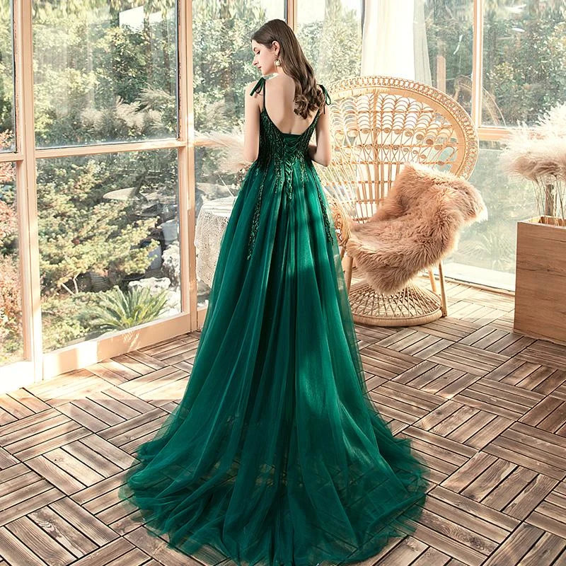 A-Line V-Neckline Applique Beaded Tulle Dark Green Long Prom Dress