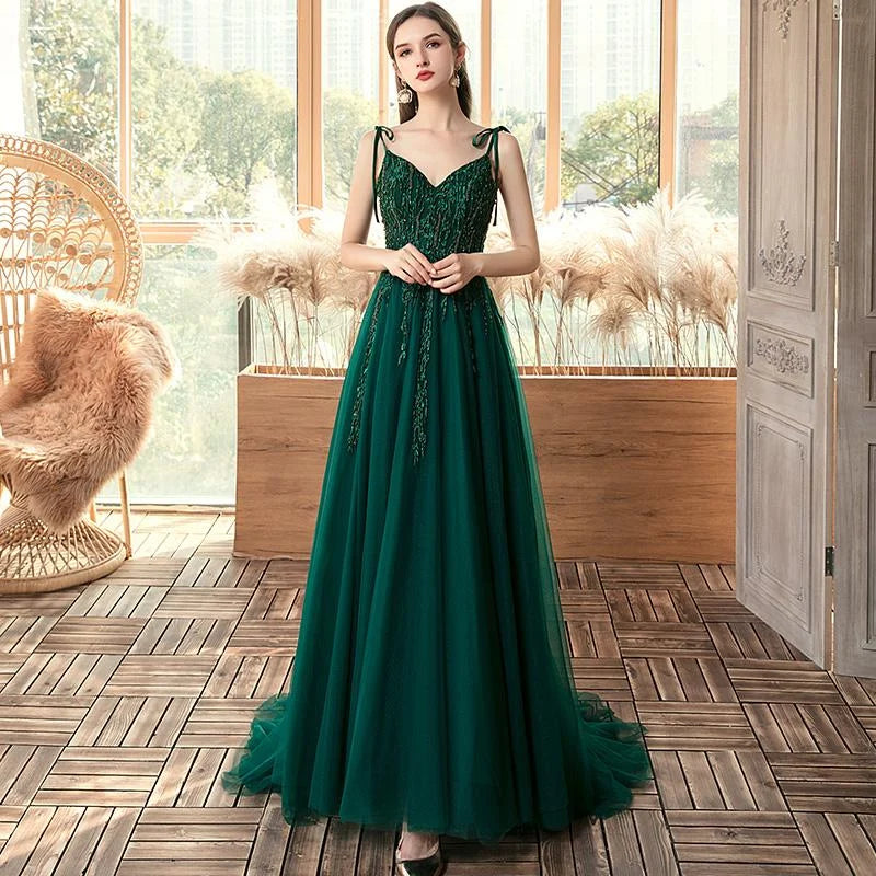 A-Line V-Neckline Applique Beaded Tulle Dark Green Long Prom Dress