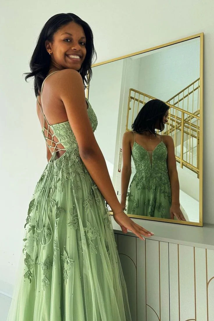 A-Line V Neck Beaded Tulle Sage Green Long Prom Dress With Appliques