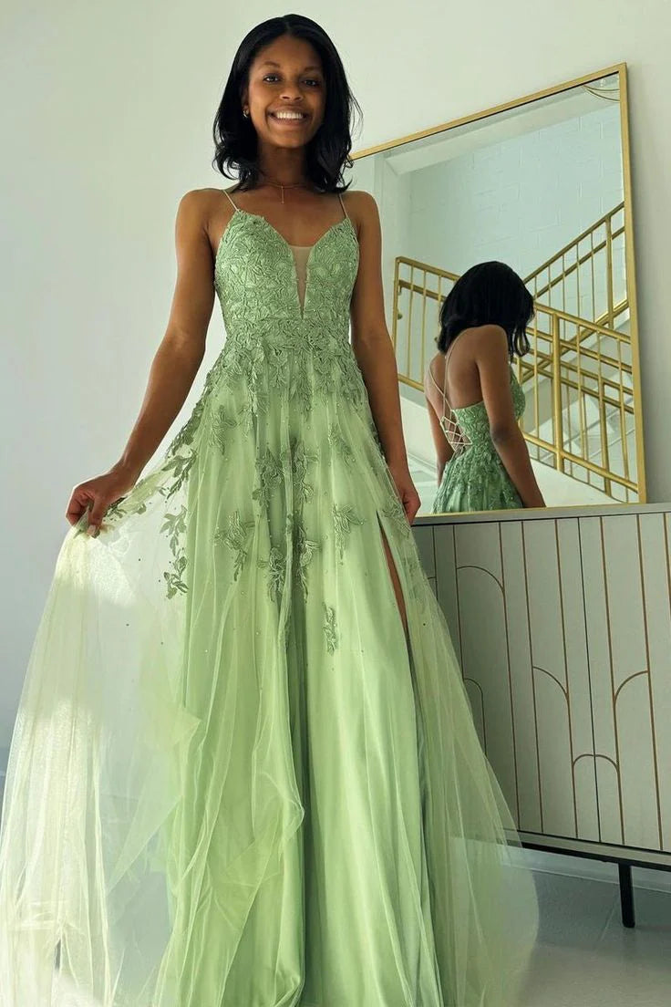 A-Line V Neck Beaded Tulle Sage Green Long Prom Dress With Appliques