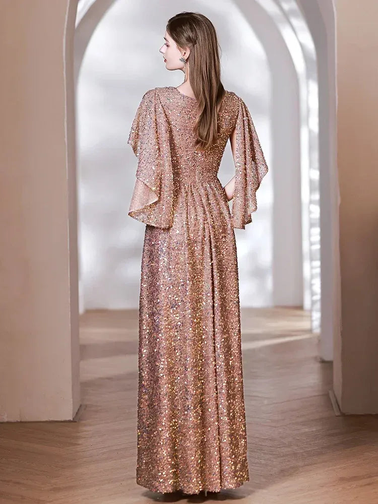 A-Line V Neck Draped Sleeve Ruffle Sequins Gold Long Prom Dress