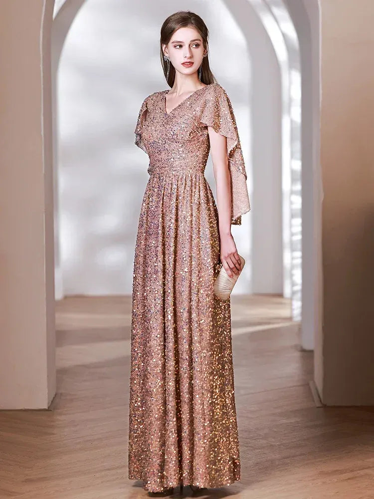 A-Line V Neck Draped Sleeve Ruffle Sequins Gold Long Prom Dress