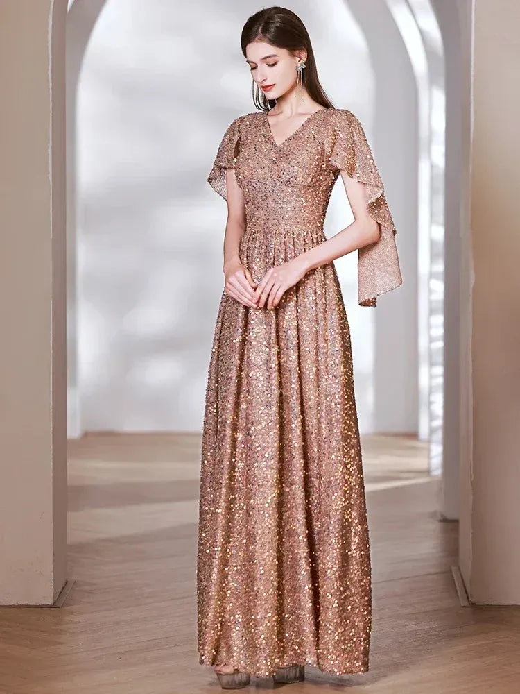 A-Line V Neck Draped Sleeve Ruffle Sequins Gold Long Prom Dress
