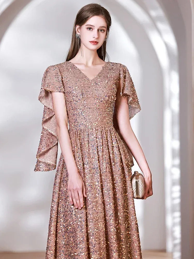 A-Line V Neck Draped Sleeve Ruffle Sequins Gold Long Prom Dress