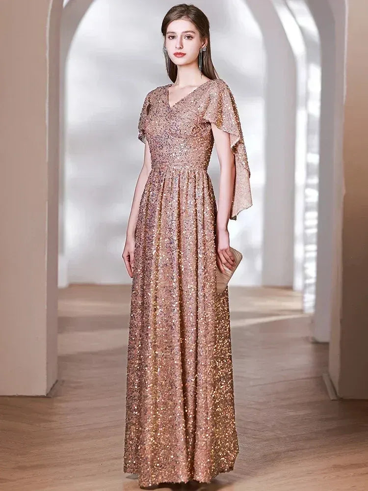A-Line V Neck Draped Sleeve Ruffle Sequins Gold Long Prom Dress