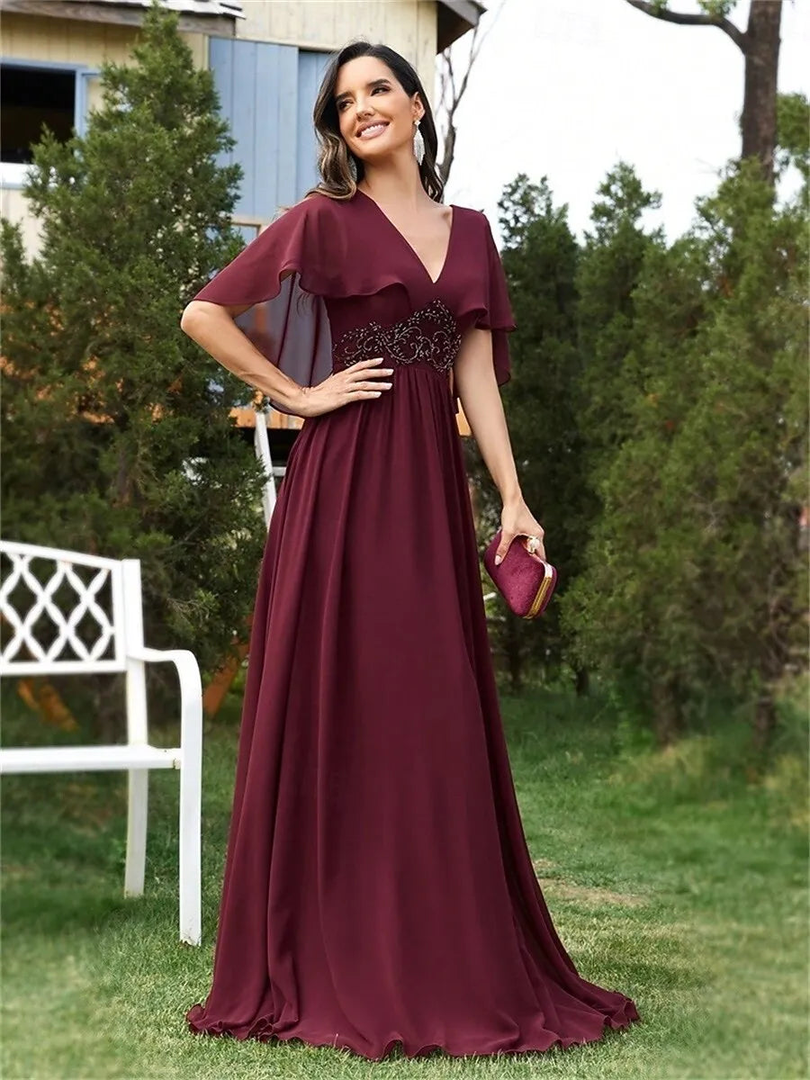 A-Line V Neck Flutter Sleeve Beaded Appliques Chiffon Burgundy Maxi Prom Dress