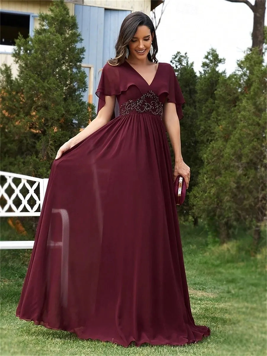 A-Line V Neck Flutter Sleeve Beaded Appliques Chiffon Burgundy Maxi Prom Dress