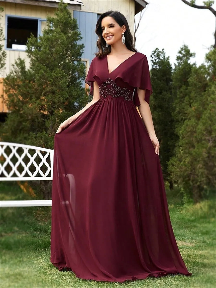 A-Line V Neck Flutter Sleeve Beaded Appliques Chiffon Burgundy Maxi Prom Dress