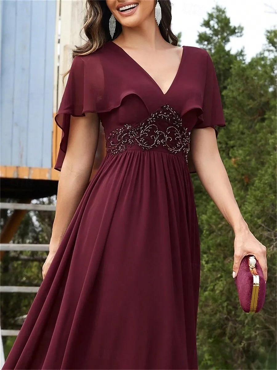 A-Line V Neck Flutter Sleeve Beaded Appliques Chiffon Burgundy Maxi Prom Dress