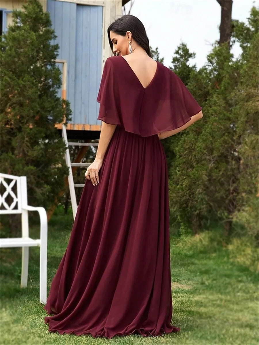 A-Line V Neck Flutter Sleeve Beaded Appliques Chiffon Burgundy Maxi Prom Dress
