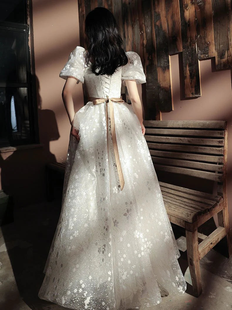 A-Line V Neck Short Sleeves Floral Print Lace White Long Prom Dress