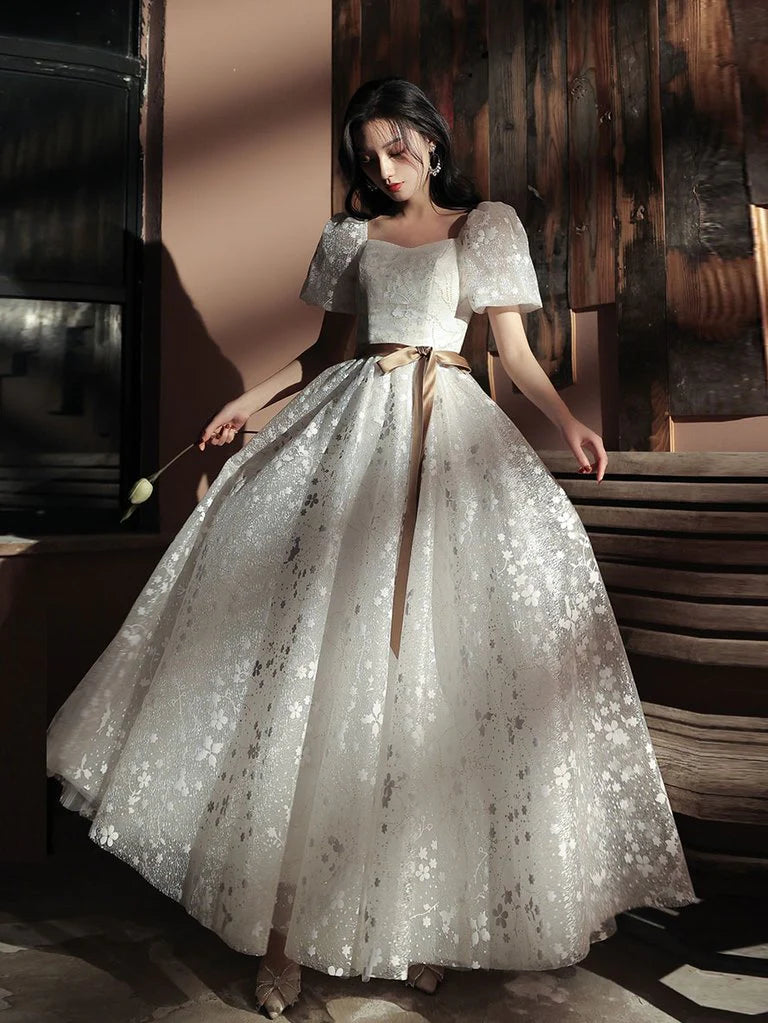 A-Line V Neck Short Sleeves Floral Print Lace White Long Prom Dress