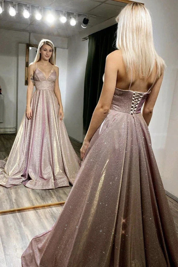 A-Line V Neck Spaghetti Straps Pink Long Prom Dress Evening Dress