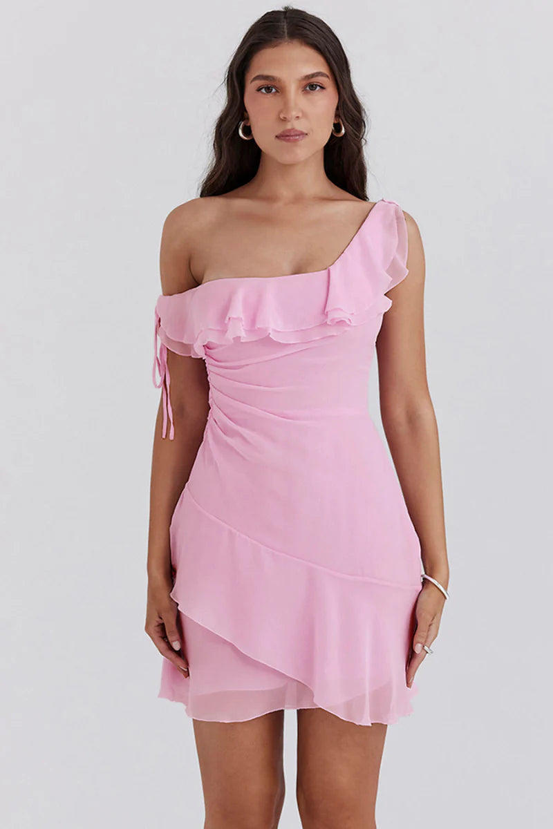 A-Line One-Shoulder Ruffled Ruched Pink Mini Homecoming Dress For Ladies