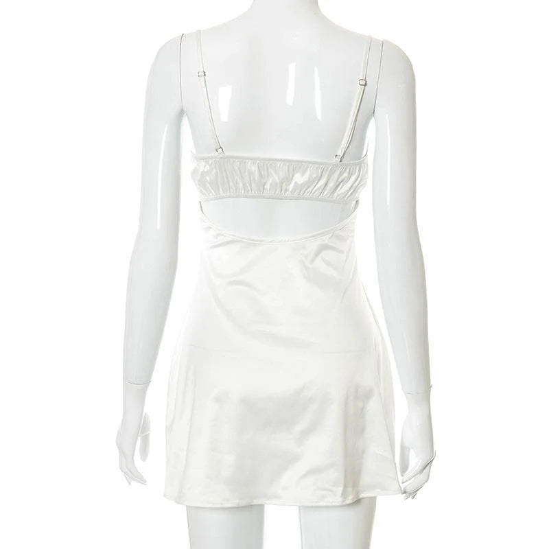 A-Line Sweetheart Lace Trim Backless satin White Mini Homecoming Dresses