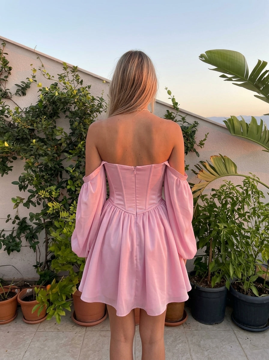 A-Line Sweetheart Long Sleeve Corset Satin Pink Short Homecoming Dress Hot Sale