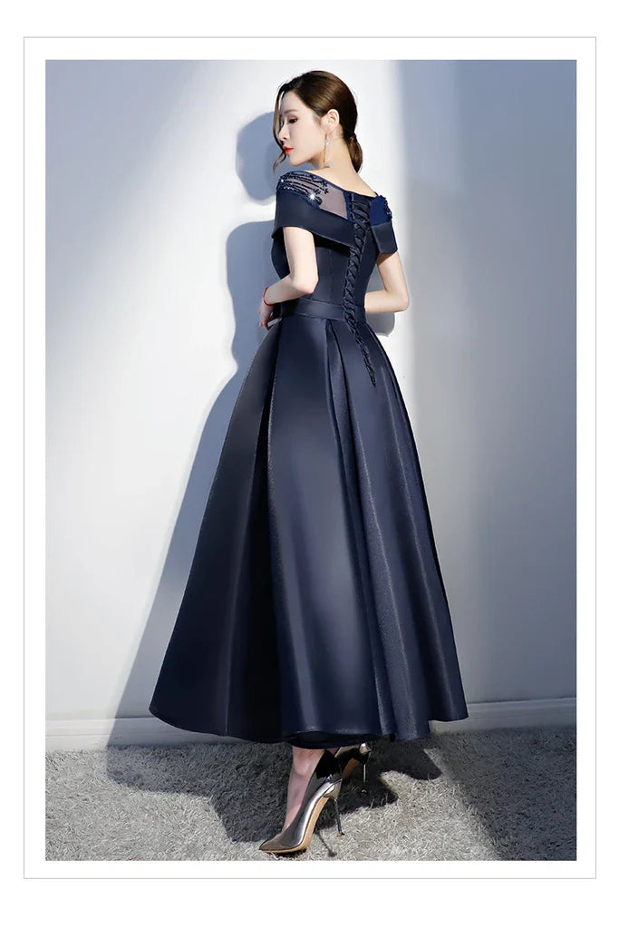 A-line Boat Neck Cap Sleeves Beaded Satin Navy Blue Long Prom Dress