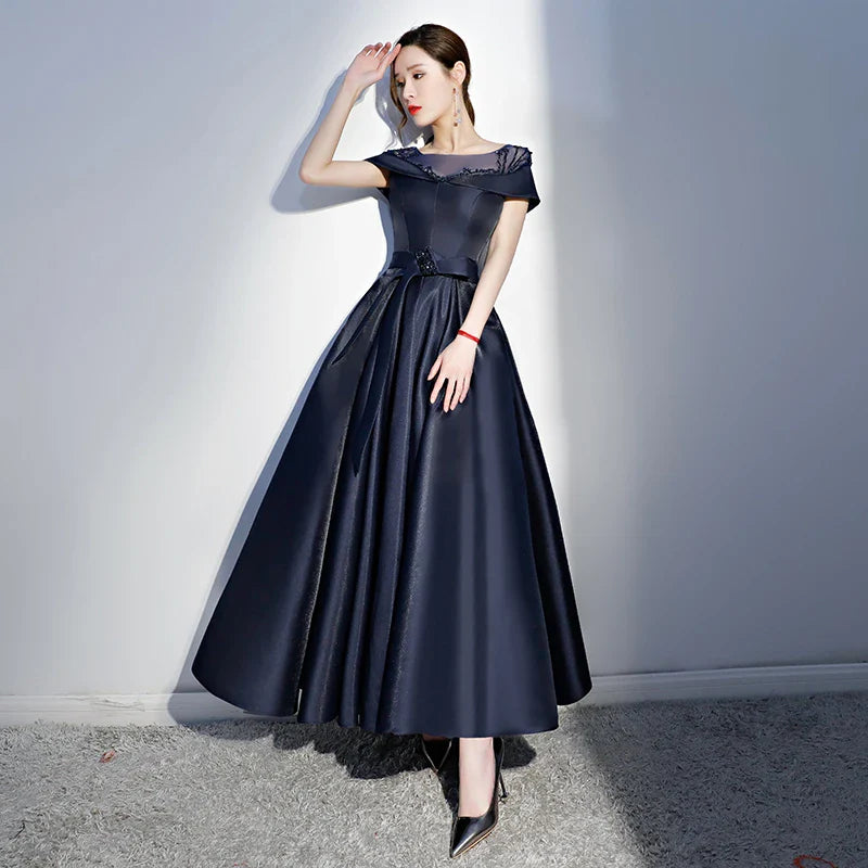 A-line Boat Neck Cap Sleeves Beaded Satin Navy Blue Long Prom Dress