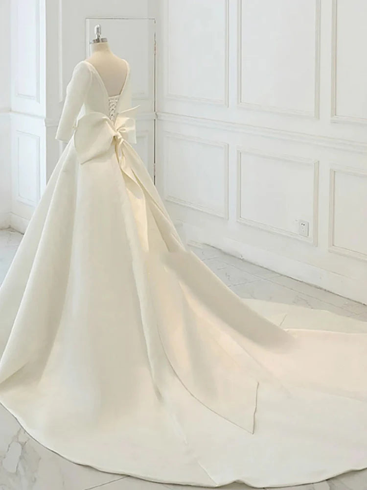 A-line Boat Neck 3/4 Sleeve Satin White Prom Dress Wedding Dress