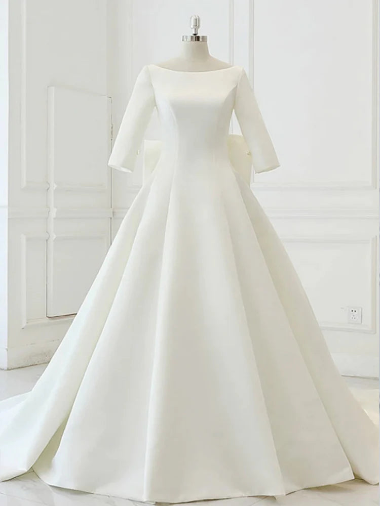 A-line Boat Neck 3/4 Sleeve Satin White Prom Dress Wedding Dress