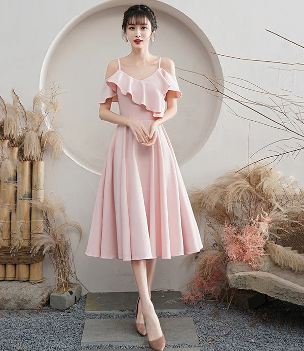 A-line Spaghetti Straps Cap Sleeve Ruffle Pink Midi Prom Dress Party Dress