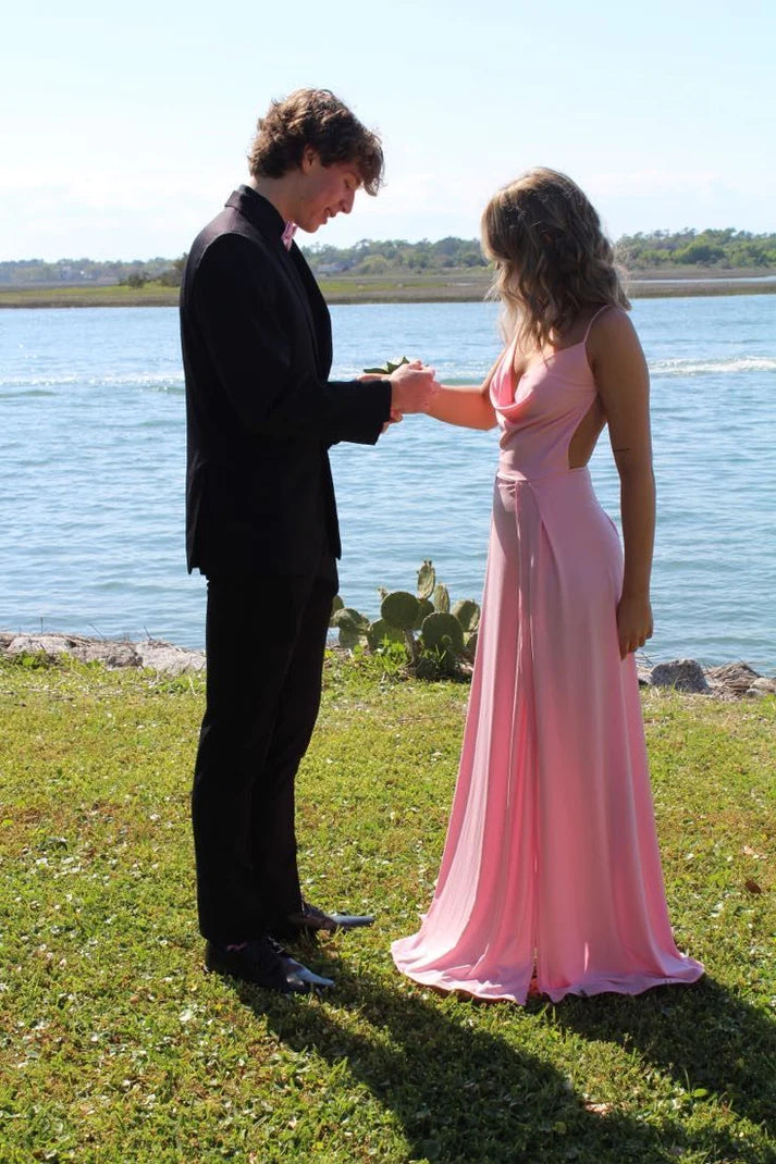 A-line Cowl Neck Open Back Satin Pink Floor Length Bridesmaid Dresses